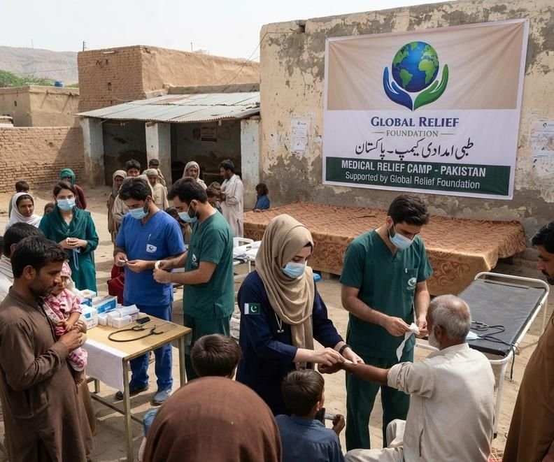 GRF doctors and volunteers treating patients at a medical relief camp in Pakistan